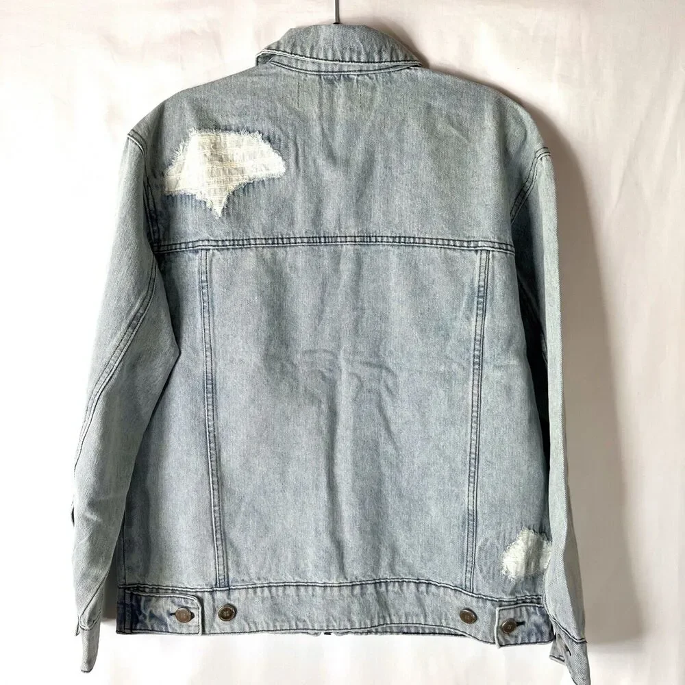 NWT Homme + Femme Light Wash distressed denim Work jacket Sz S Full zip